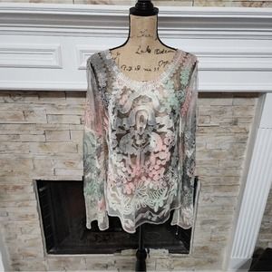 See the Shades watercolor‎ tie dye green and pink sheer lace TUNIC size XL
